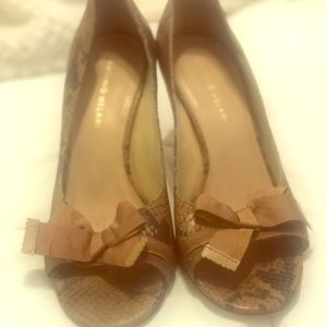Antonio Melani brown snake skin open toe heels/bow